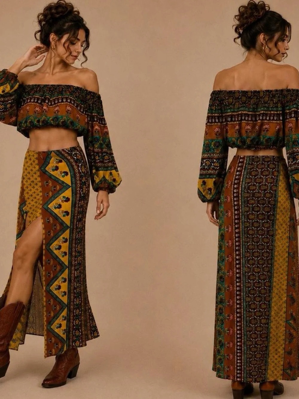 Novella Royal Boho 2 Piece Set Small Patchwork Maxi Skirt Crop Top Festival Y2K